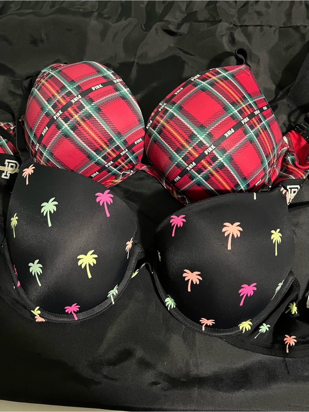 Two PINK Victoria's Secret Plaid Red & Black Palm Print Padded Bras. 32DD